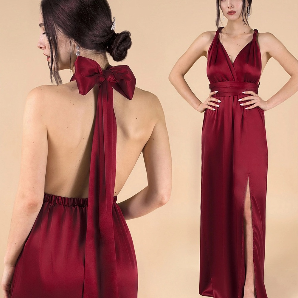 Burgundy Satin Multi-way Tie Maxi Slit Prom Dress